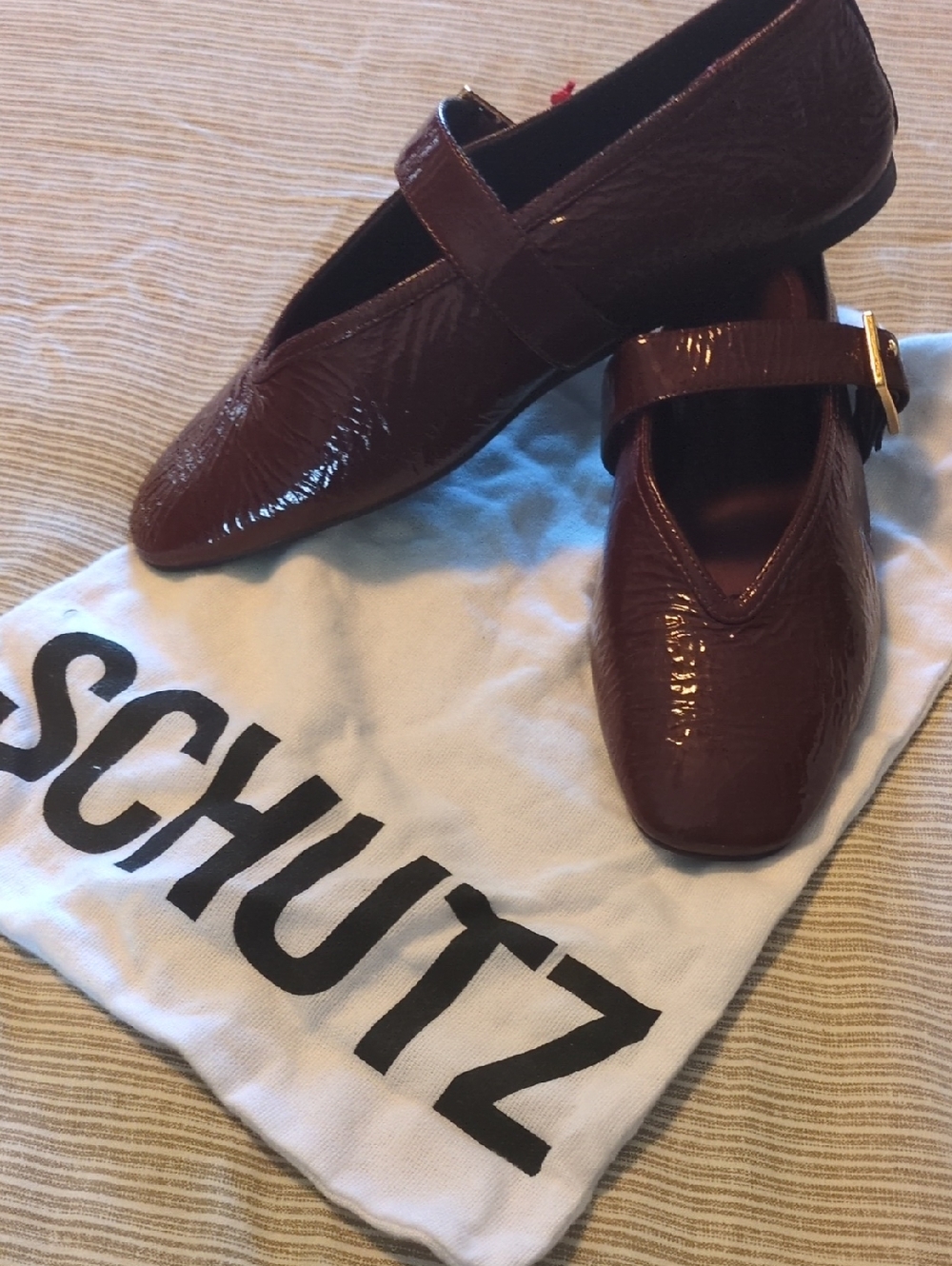 SCHUTZ Patent Burgundy Mary Jane Flats with Buckle